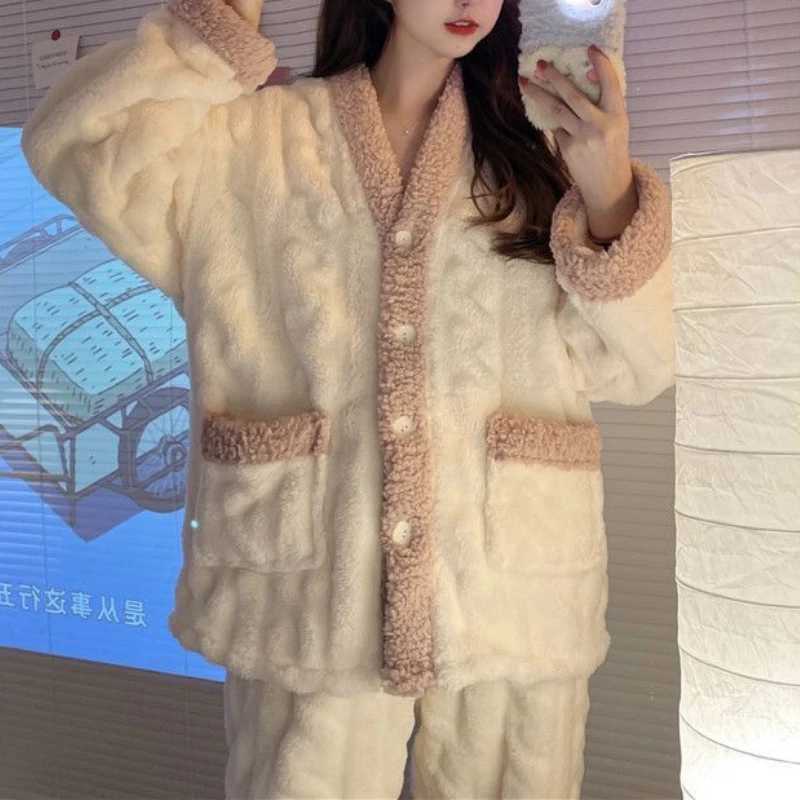 Coral Fleece Pajamas Women New Autumn and Winter 2024 Thickened Fleecelined Graceful Couple Online Celebri Home Wear Set Y251013