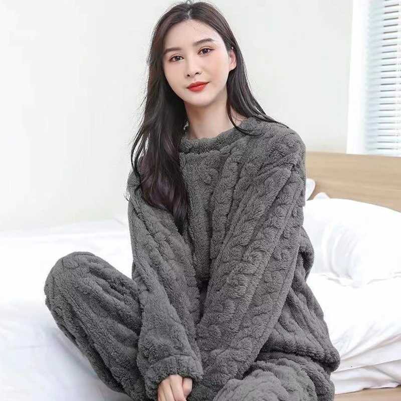 Autumn Women Solid Warm 2 Piece Sets Thicken Velvet Ribbed Fleece Set Pullover And Pants Women Casual Pajama Sets 2023T251014