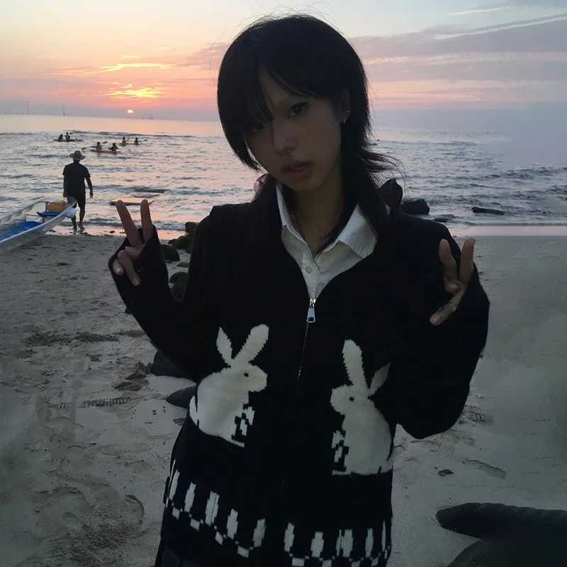 Karrram Japanese Y2k Knit Cardigans Vintage Rabbit Embroidery Zipper Knitwear Harajuku 2s Korean Knitted Coat Preppy Style W251014