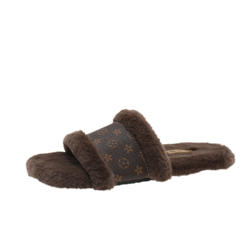 free shipping Casual Flat Hairy Slippers for Women Fashionable with Velvet Warmth for Outerwear Home Room One line Drag