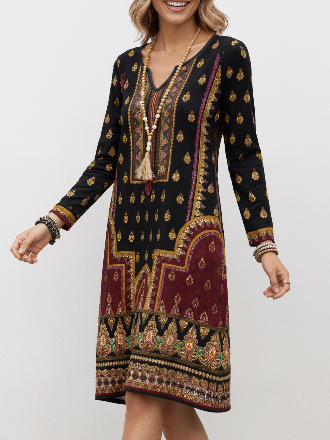 Women's Autumn Winter Retro Ethnic Paisley Printed Midi Dress-CF40021