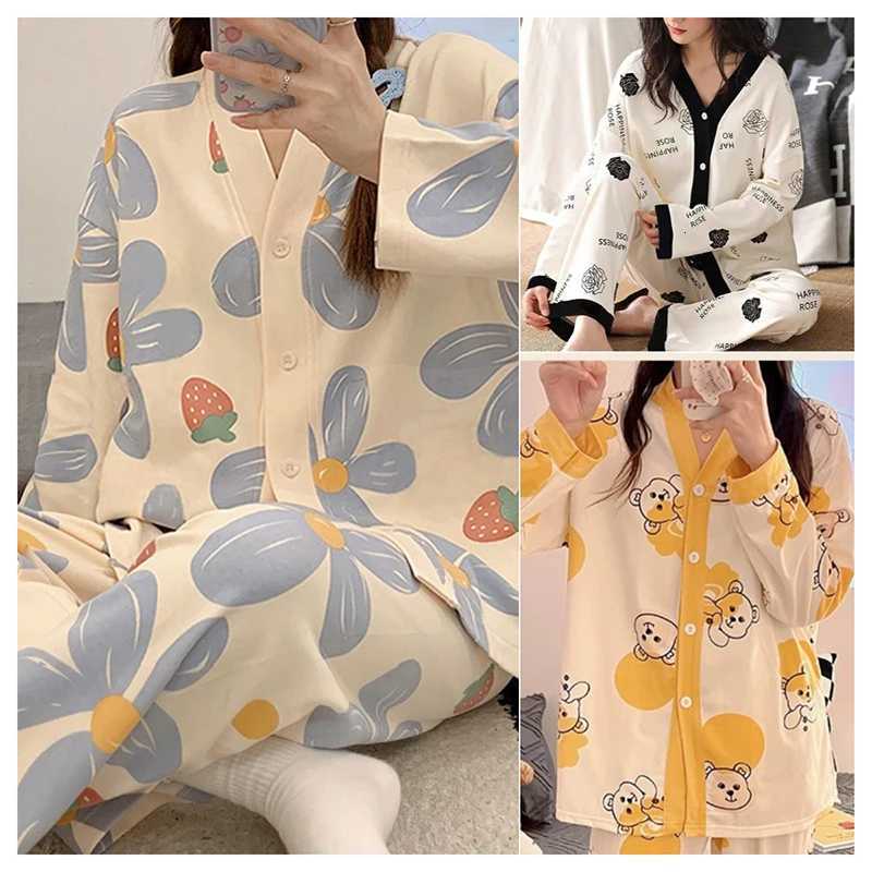 2024 Spring and Autumn Milk Silk Pajamas Women Cardigan VNeck Long Sleeve Long Pants Thin Section Polka Dot Printed Homewear SeT251014
