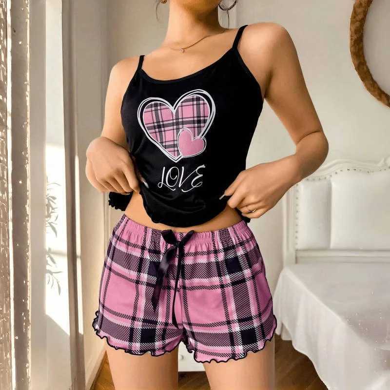 Women Sexy Suspender Shorts Thin Pajamas Letter Print Plaid Shorts Large Pajamas Romantic Home Wear Sexy Nightwear Short PajamaT251014