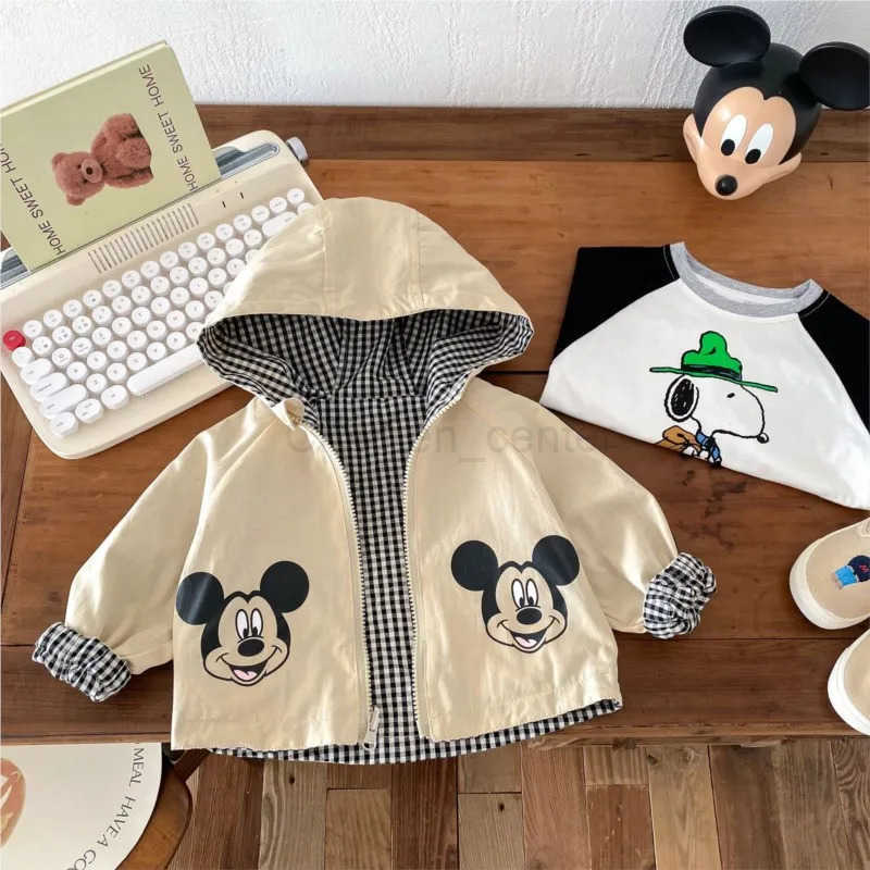 Disney Mickey Printed Jacket for Kids Cartoon Spring Double Sided Wear Hooded Outwear Khaki Autumn 05Y Toddler Blazer Korean version H251014