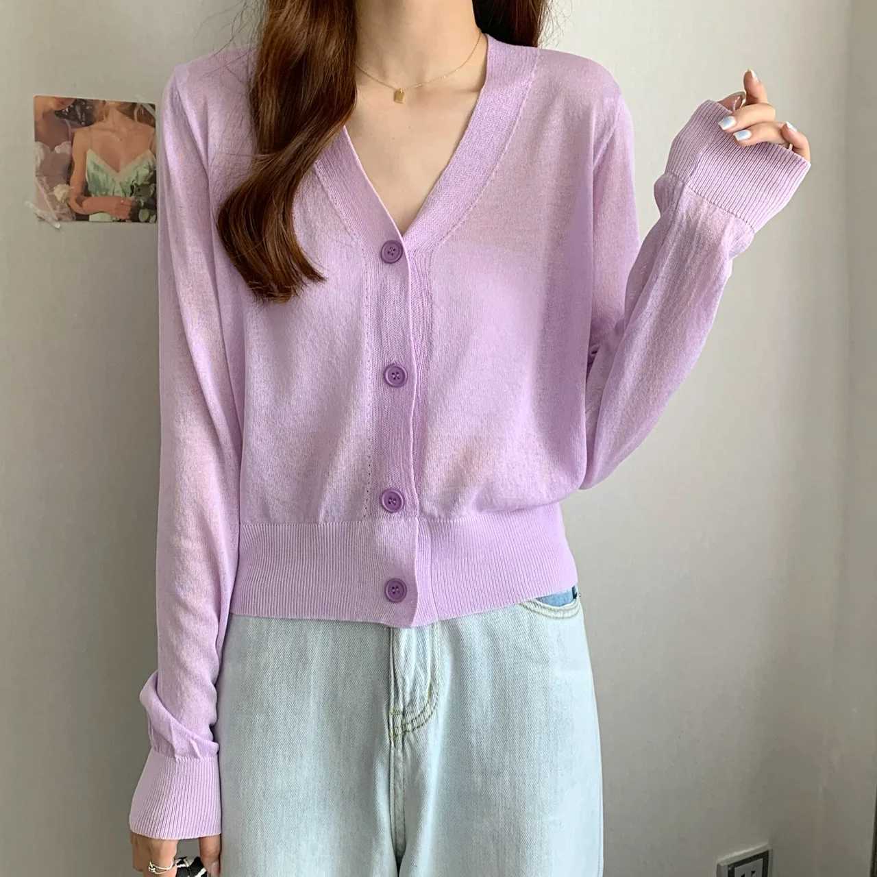 Summer V Ne Cardigan Women Casual Transparent Sweater Shirts Lady Simple in Solid Outwear Female Crop Top W251014