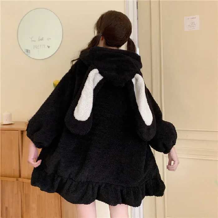 Rabbit Women Winter Long Sleeve Fuzzy Hooded et Harajuku Kawaii Bunny Ears Zip Up Cardigan Coat Plush Warm Ruffles Outwear Y251013