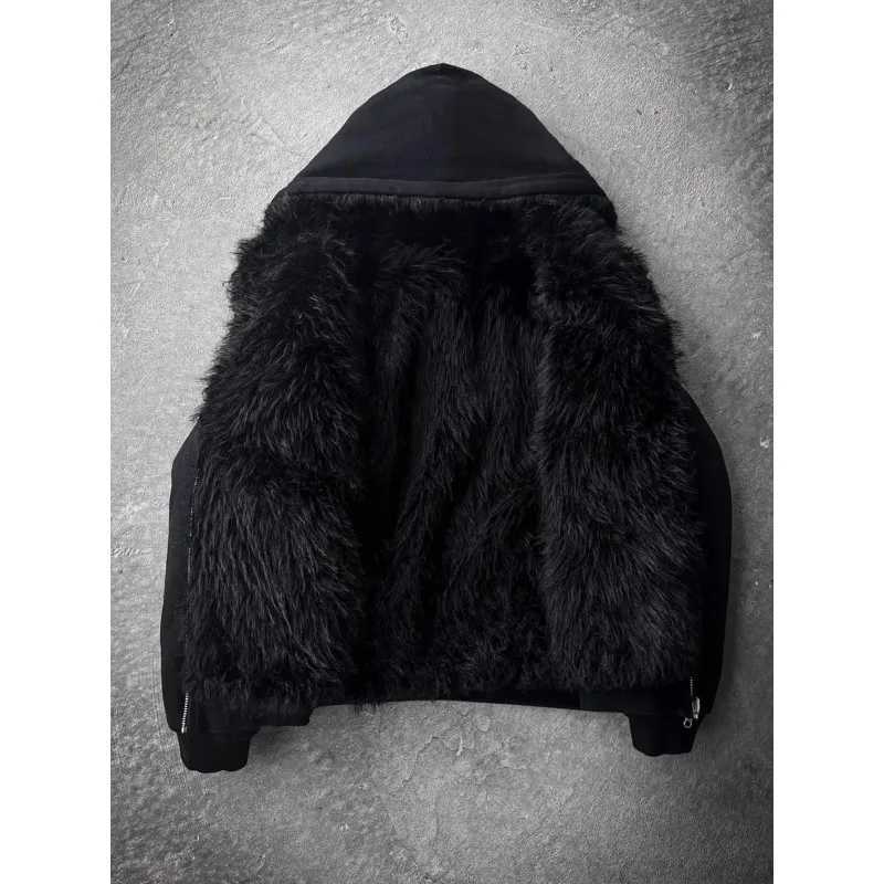 Autumn and Winter Oversized Thickened Warm Black Reversible Faux Fur Parka Coat Men with Hood Zipper Fluffy Jacket Hooded Coat W251014