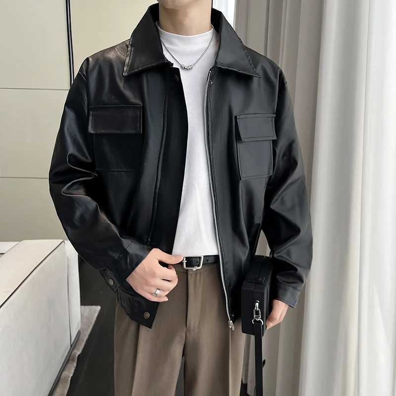 Highquality mens PU leather solid color windproof waterproof jacket daily fashion casual outerwear zipper leather jacket J251014