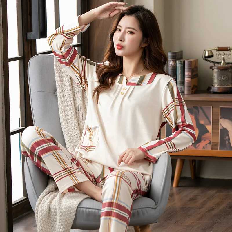Pyjamas Female Lattice Stitching Soft Cotton Fashion Women Long Sleeve Pajamas Set 2Pieceset Sexy Spring Home Lounge Gift XXXXLT251014