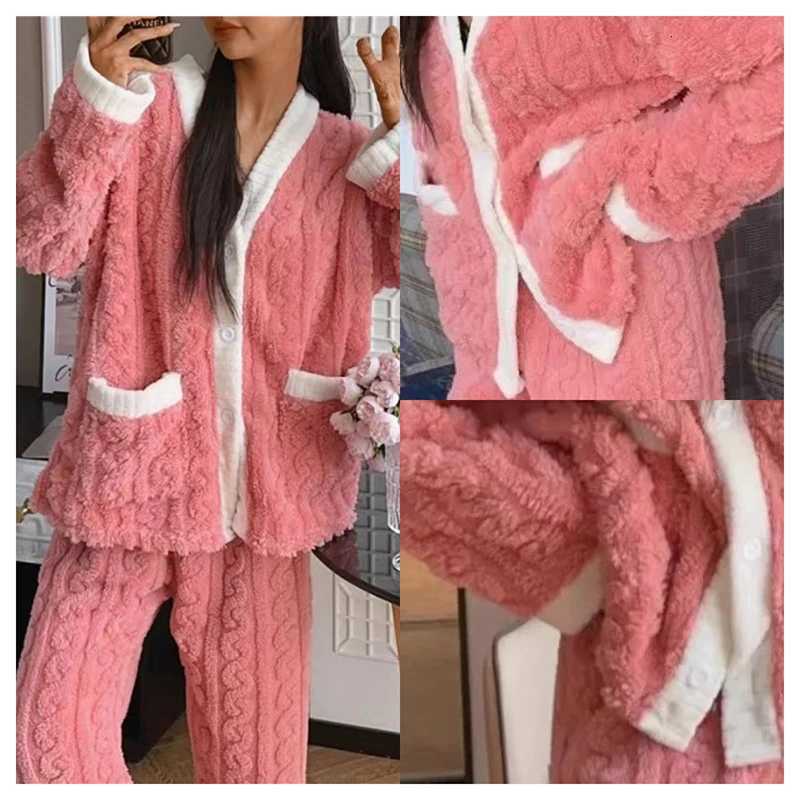 2pcsSet Womens Winter Pajamas Padded Thickened Warm Pocket Models Plus Size Loose Korean Coral Fleece School pajamas Homewear Y251013
