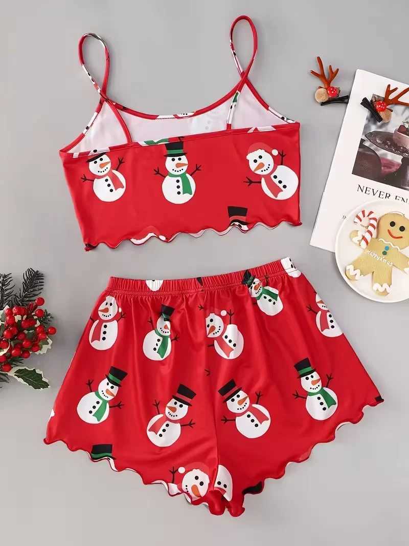 Christmas Snowman Print Pajama Set Womens Spaghetti Strap Crew Neck Top and Shorts 2PCS Sleepwear LoungewearT251014