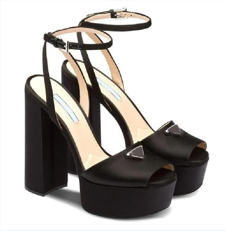 Designers shoes Sandals Fashion heels Satin Triangular buckle decoration chunky heel womens shoes 13cm high heeled Designer shoes Platform heel ROMAN Sandal 35-42