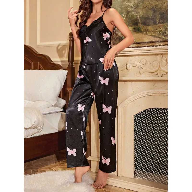 Womens Silk Satin Pajamas Set Sleeveless Top And Long Pants Sleepwear 2 Piece Set Home Sexy Lace Patchwork Tank SetsT251014