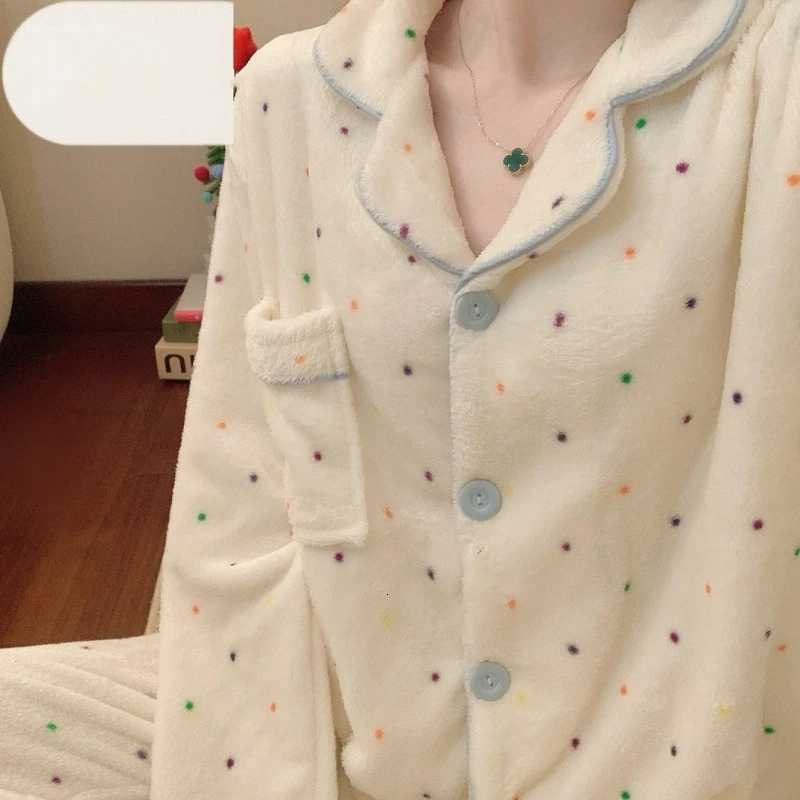 Autumn Winter New Pajamas Lapel Neck Long Sleeve Colourful Dot Print Warm Sleepwear Thick Casual Pajamas Coral Fleece TwoPiece Y251013