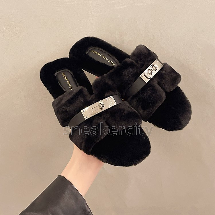 Designer plush slippers Winter womens slides Elegant Chic Buckle Khaki green white black pink Comfortable Winter Slip-on sandals Size 35-40