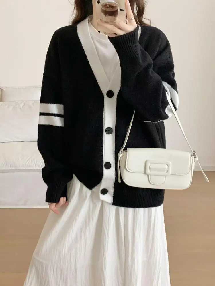 Autumn Winter Women Patchwork Long Sve Knitted Cardigan Sweater Korean Fashion Vne Single Breasted Vacation Tops Casual W251014