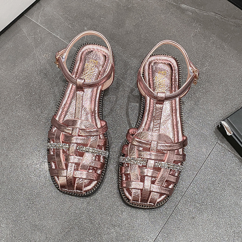 KIDMESTAR 2025 New Designer Slippers Women's Flat Slider Comfort Shoes, Casual Shoes Summer Sandals One-button Rhinestone Woven Niche Retro Beach