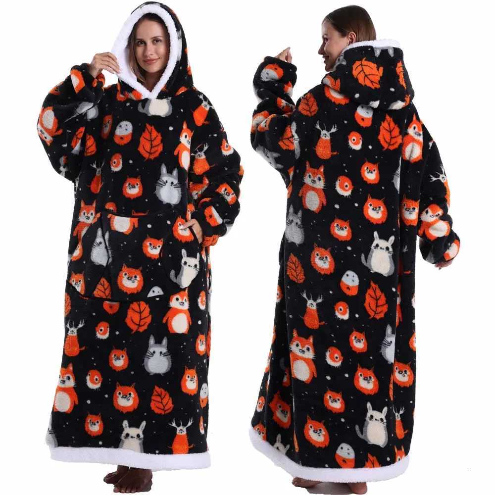 Long Oversized Blanket Hoodis Women Men Coldproof Homwear Loose Pullover Cartoon Plush Fleece Sweatshirts Wearable Blankets Y251013