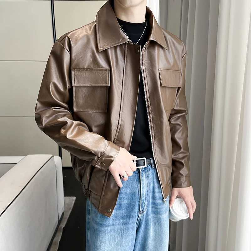 Highquality mens PU leather solid color windproof waterproof jacket daily fashion casual outerwear zipper leather jacket J251014