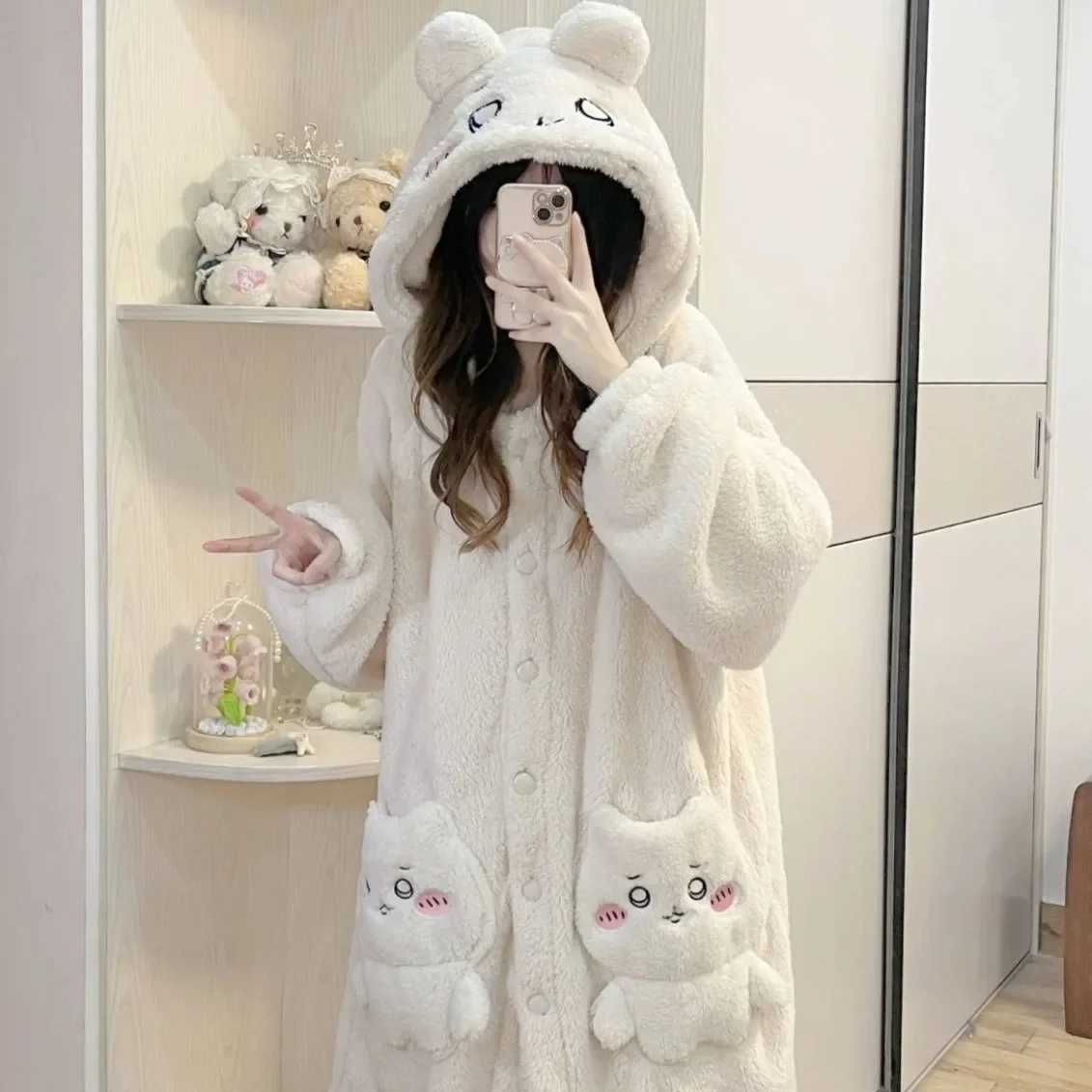 Cartoon Cute Coral Fleece Hooded Robe Womens Winter MidLength Loose Warm Velvet Bathrobe Nightgown Home Clothes Y251013