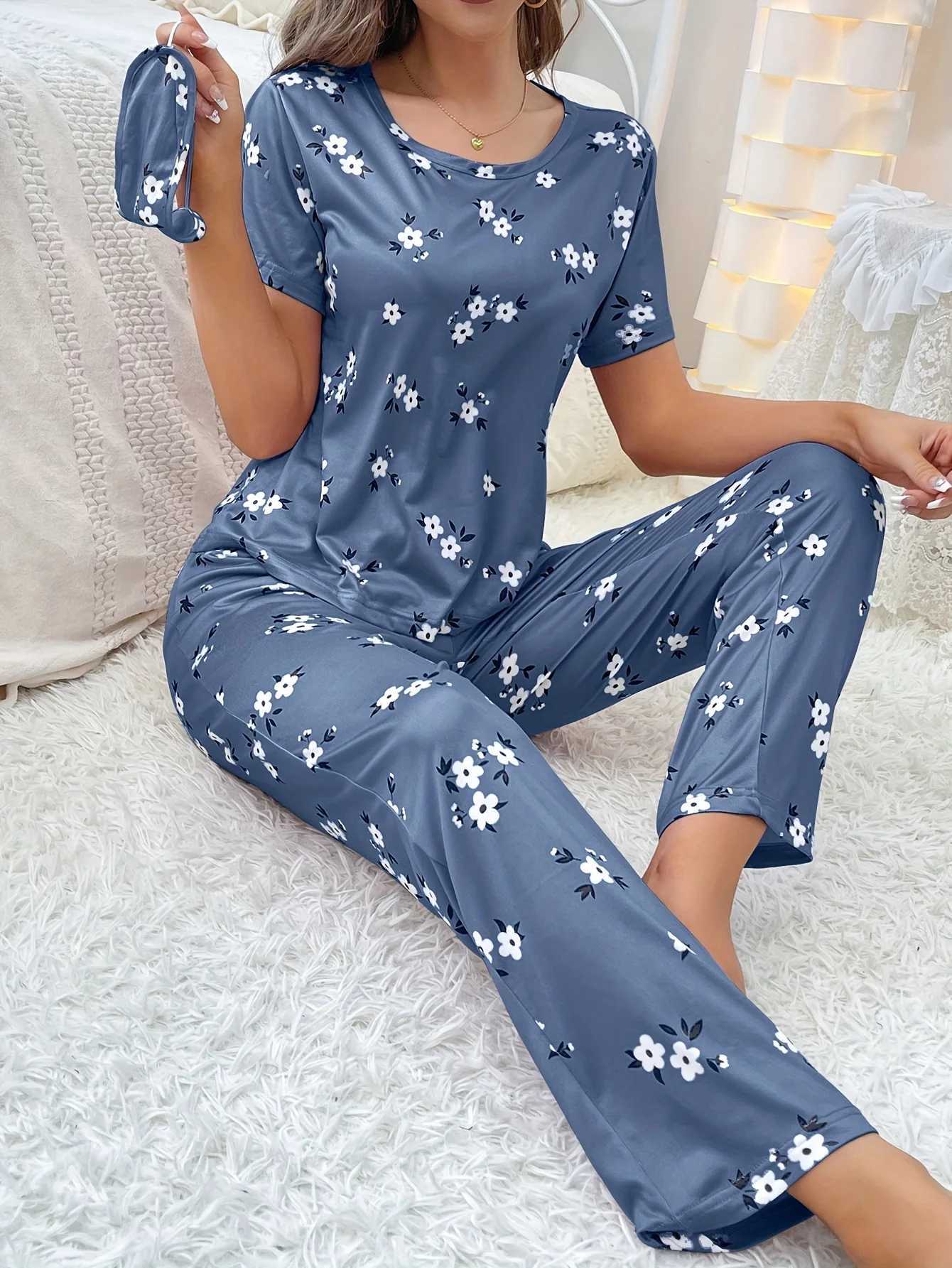 Womens Pajamas Set Milk Silk Printing Pajam Short Sleeve Round Neck Long Pants Lightweight Homewear Loungewear Floral NightwearT251014