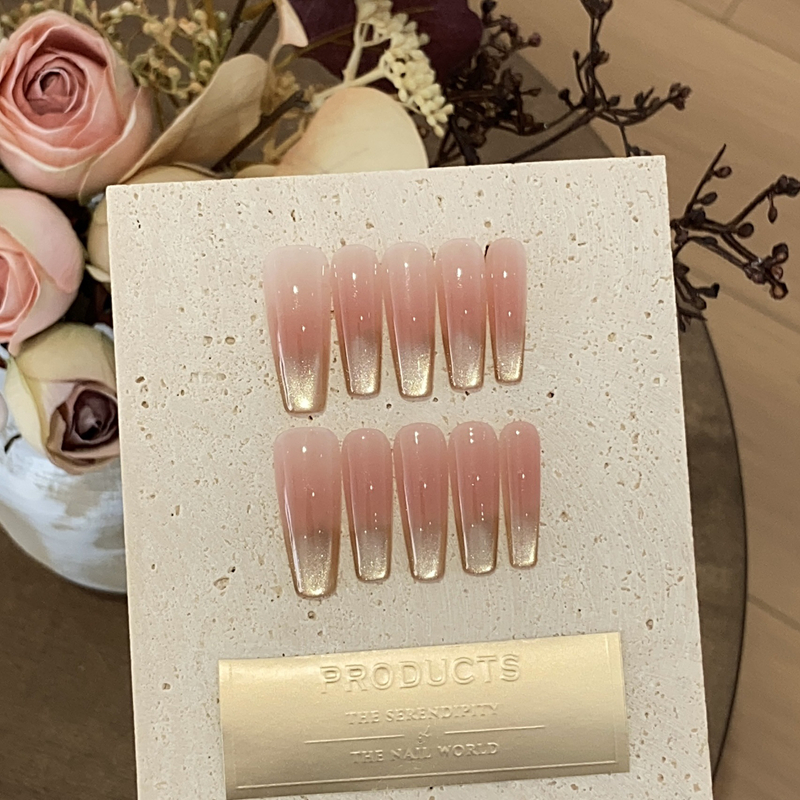 New Style Fashionable & Versatile Handmade Daily Wear Press-On Nails - Nude Pink Gradient with Gold Cat Eye & Fine Glitter, Removable