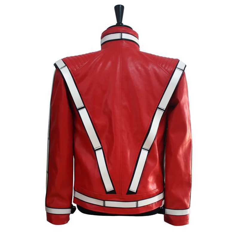 2016 Punk Novelty Rare Cool Men Red MJ Thriller Open Stitch Vocal Concert Leather Fashion Jacket Outwear J251014