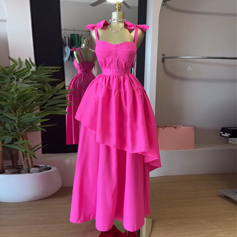 F22042 women's dress female temperament solid color bow high waist irregular suspender dress