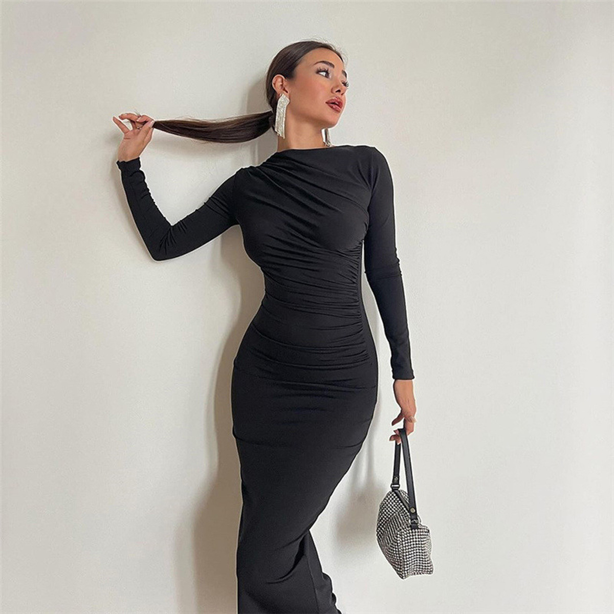 D1014European and American cross-border slim-fitting high-end solid color temperament long hip-wrapped dress for women