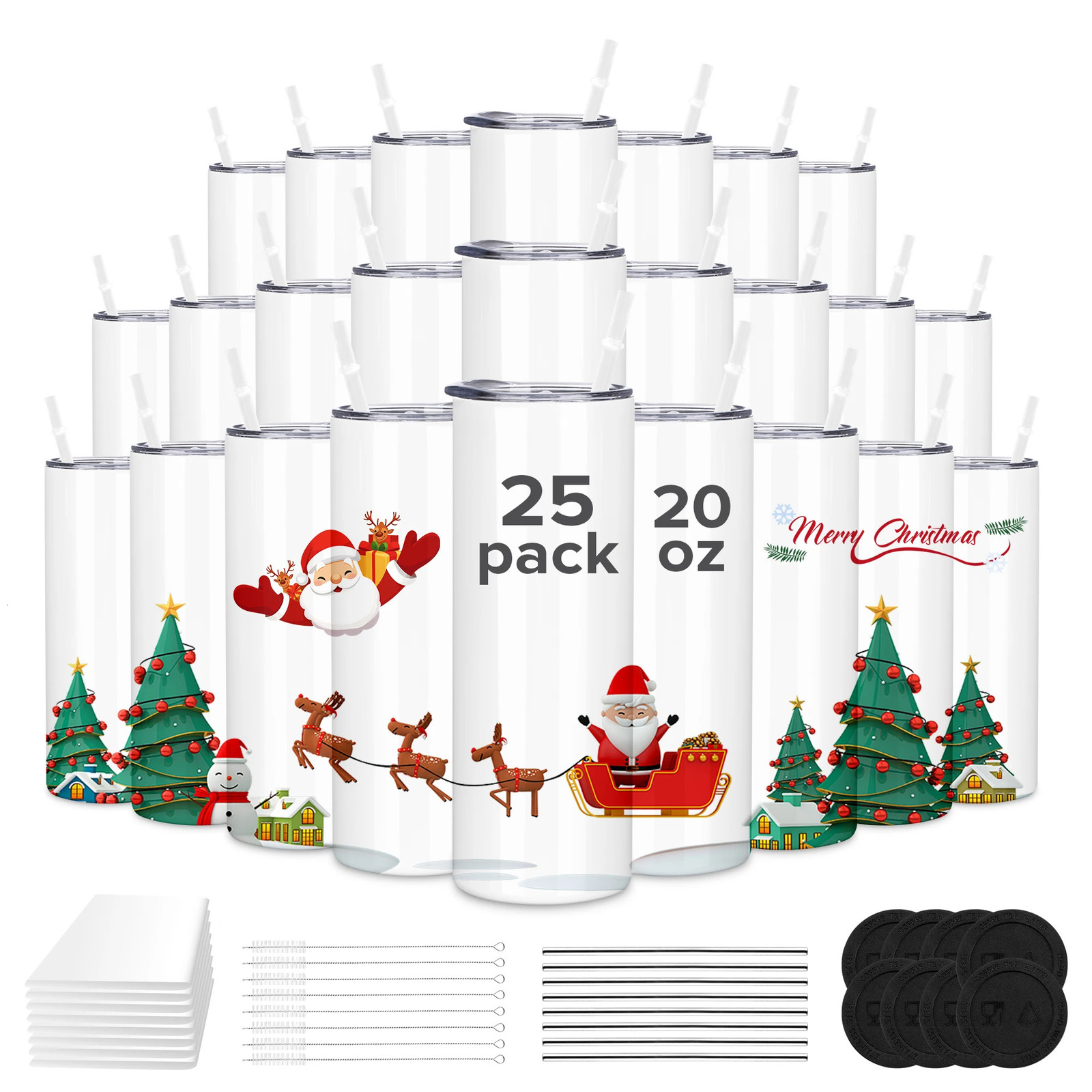 Sublimation Tumblers Blanks 20 oz 25 Pack Skinny Straight Bulk Stainless Steel Insulated Cups with Lid and 251013