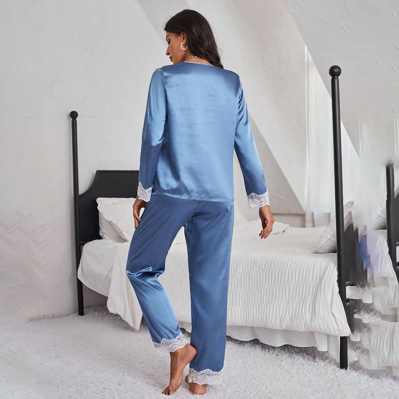 Women's Spring/Fall Silk Satin Lace Trim Tie-Waist Long-Sleeve Pajama Set