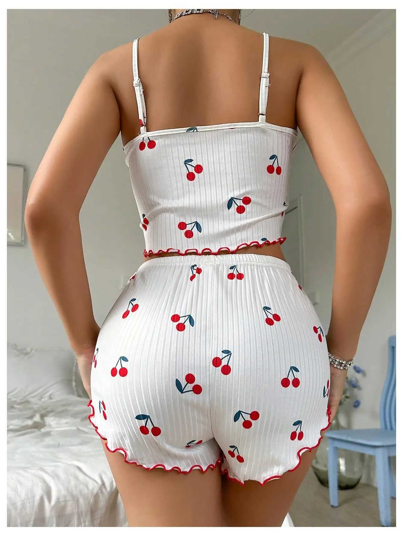 Two Piece Pajama Sets of Womens Cherry Print Crop Top High Waist Shorts with Lettuce Trim Sleepwear Cute for SummerT251014