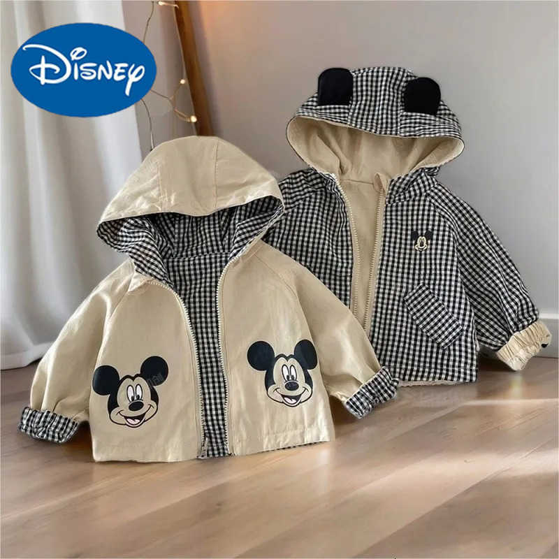 Disney Mickey Printed Jacket for Kids Cartoon Spring Double Sided Wear Hooded Outwear Khaki Autumn 05Y Toddler Blazer Korean version H251014