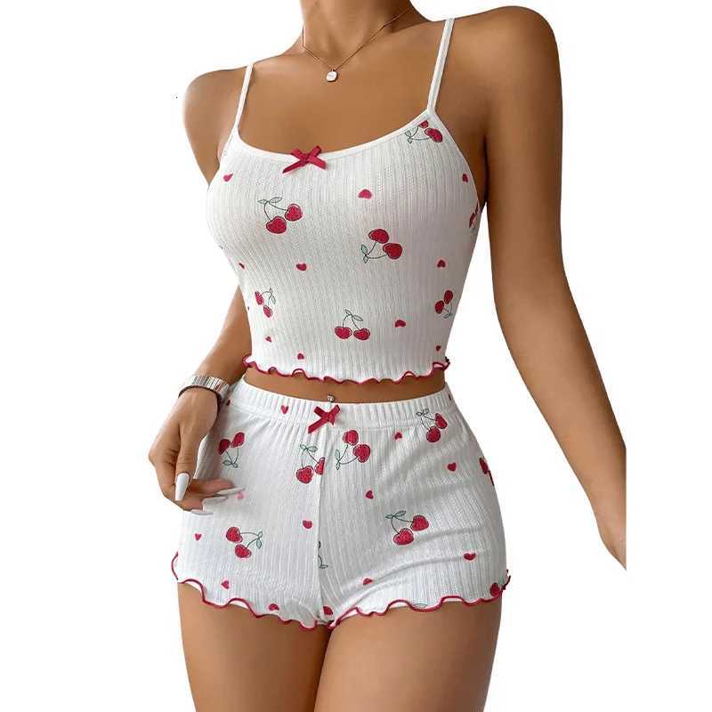 2Piece Pajama Set for Women Cherry Print Bow Front Cami Top and Short Pajama Set Cute Soft SleepwearT251014