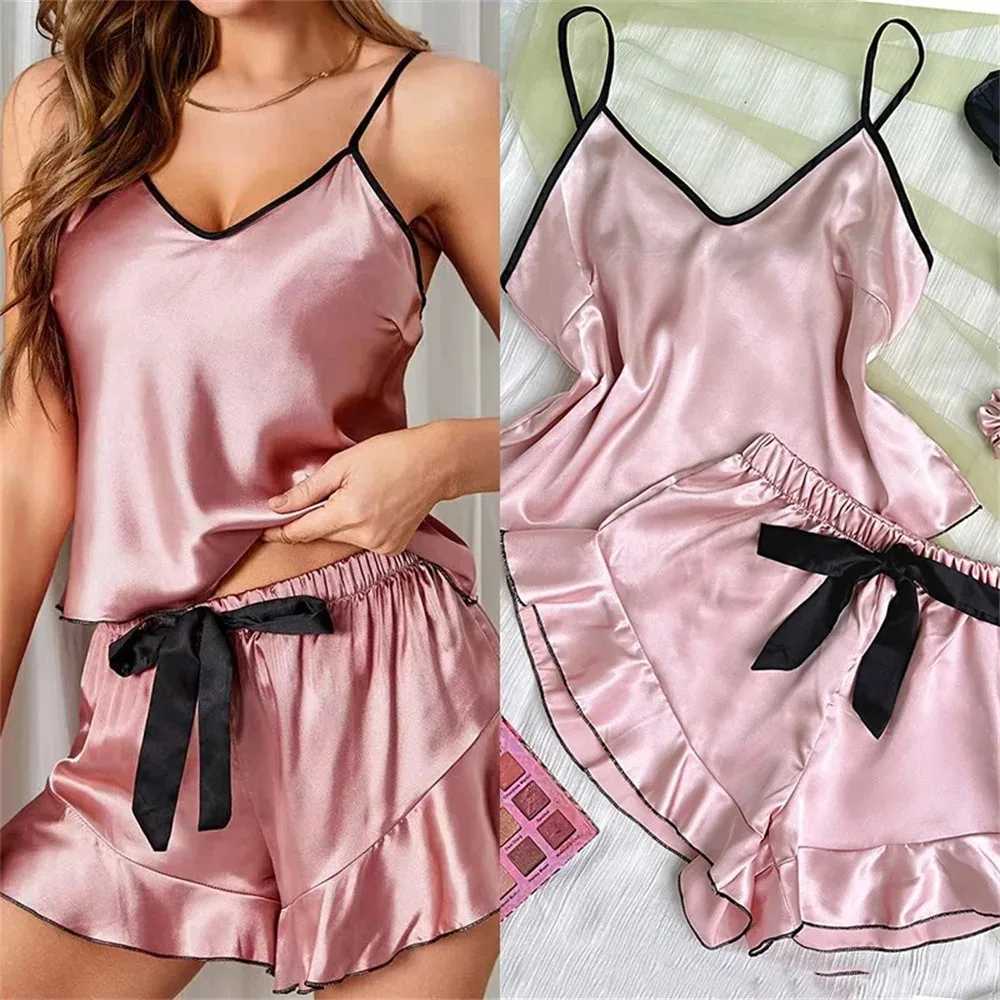 Womens Smooth Satin Pajamas VNeck TShirt Ruffled Edges And Bow Shorts Simple And Breathable Pajama Set Sling Home ClothingT251014