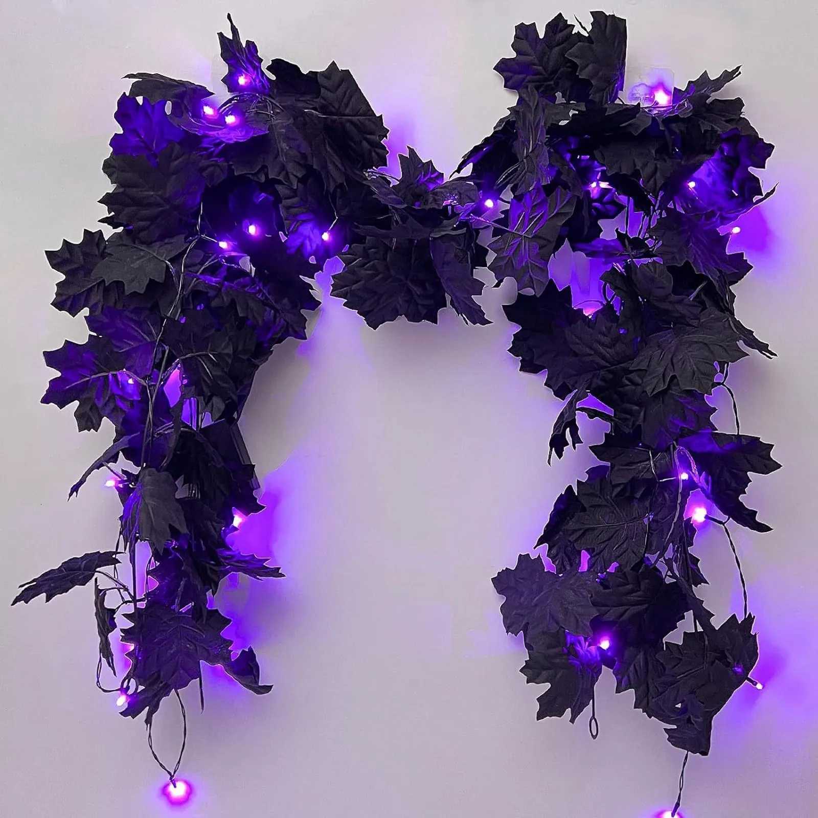 1pc Halloween Artificial Hanging Fall Leave Vines With 20 LED Black Leaf Garland With Purple Lights Battery Powered Horror Atmo C251014