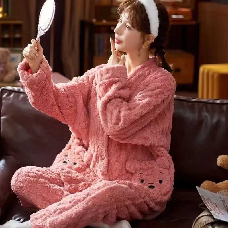 Autumn Winter Warm Coral Flannel Women Pyjamas Sets Thick Coral Velvet Long Sleeve Sleepwear Ladies Flannel Homewear Suits Y251013