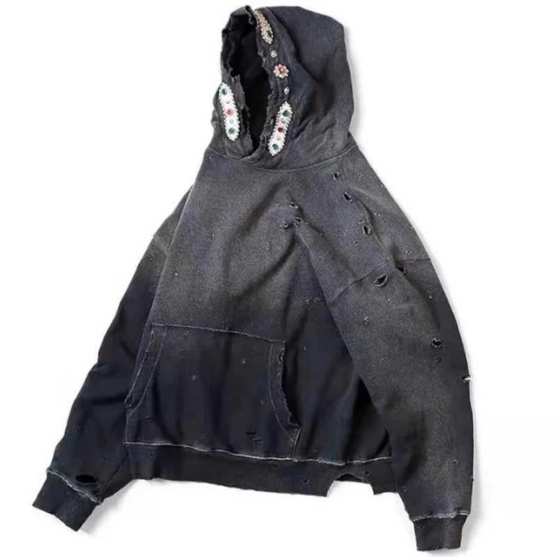 Men Wax Dyed Washed Distressed Hoodies Jacket Loose Hooded Sweatshirt Coat J251203