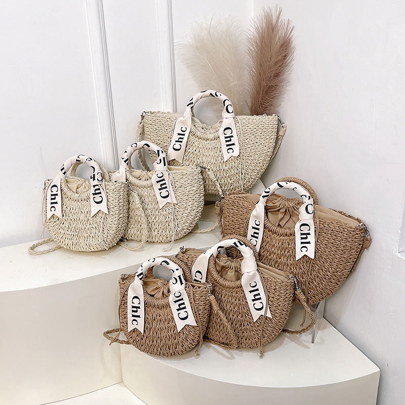designer bag Letter Scarf Strap Woven Women's Straw Vacation Handbag Round Bucket Bag Beach