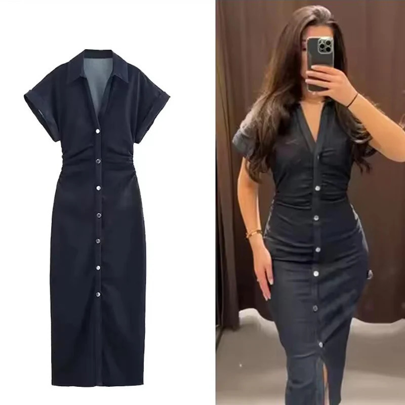 Denim Dress Spring Summer Casual Long Dresses For Women 2025 Fashion Ruched Short Sleeve Streetwear Midi 251009