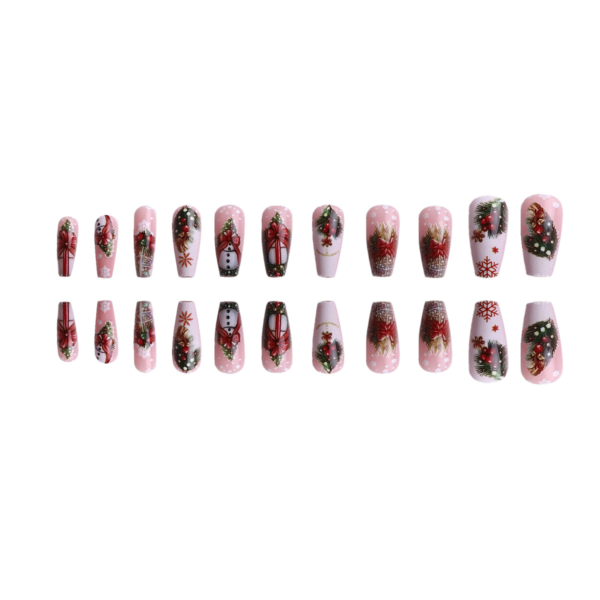 Christmas Tree Press-On Nails Snowman Painted Patterns with Bows Pine Cones, Snowflake Reindeer, Luxury Red Plaid French Nails with Multiple Diamonds 