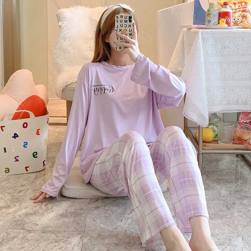 New Womens Pajamas TwoPiece Female Spring And Autumn Summer LongSleeved Trousers Suit Simple And Can Be Worn Outside HomewearT251014