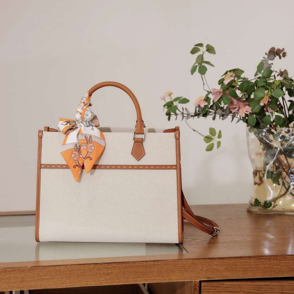 Luxury bag Women s New Cotton Linen Canvas and Cowhide Tote Bag Fashion Color Block Large Capacity Handbag