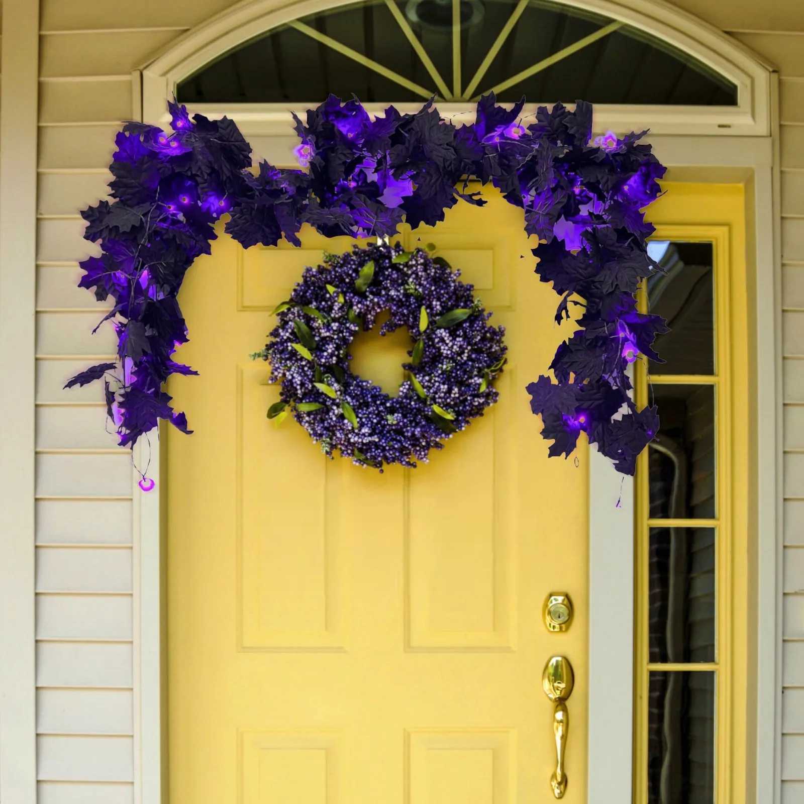1pc Halloween Artificial Hanging Fall Leave Vines With 20 LED Black Leaf Garland With Purple Lights Battery Powered Horror Atmo C251014