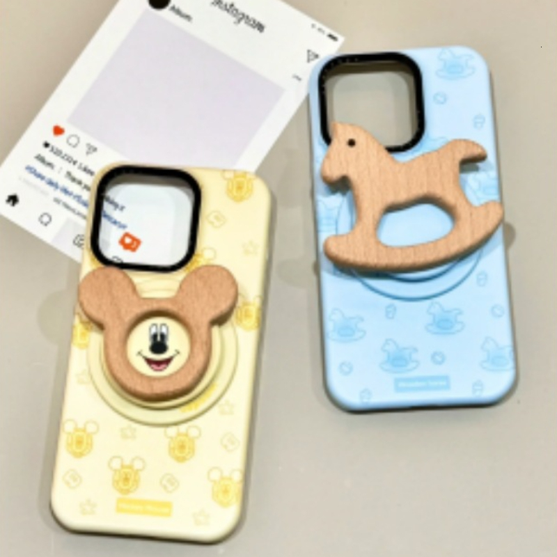 for iPhone 16 Pro Case with Yellow and Blue Background Pattern 3D Mouse Carousel Stand Leather Touch Comfortable Handcrafted Cover for iPhone