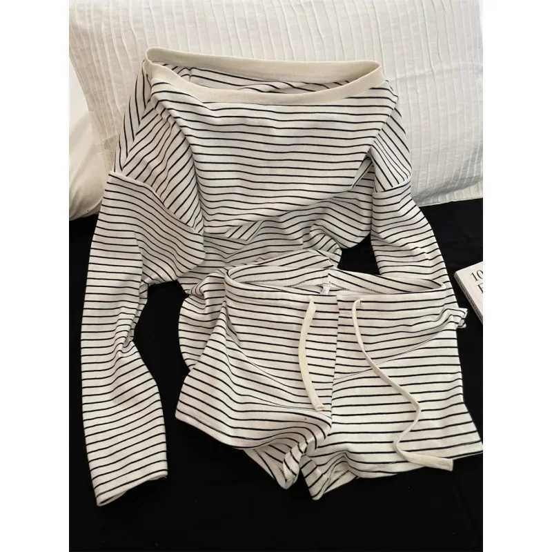 Summer New Lazy Stripe Casual Sleepwear Short Sleeve Long Sleeve Home Clothes Set for Women Comfortable Breathable PajamasT251014