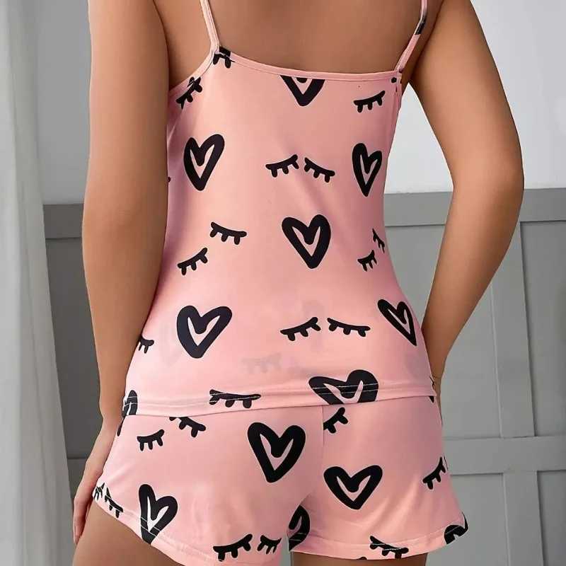 Pajama Set Women Sexy Lingerie 2 Pieces Sleepwear Fashion Heart Printed Pyjamas Silk Satin Cami Top and Shorts Sets PajamasT251014