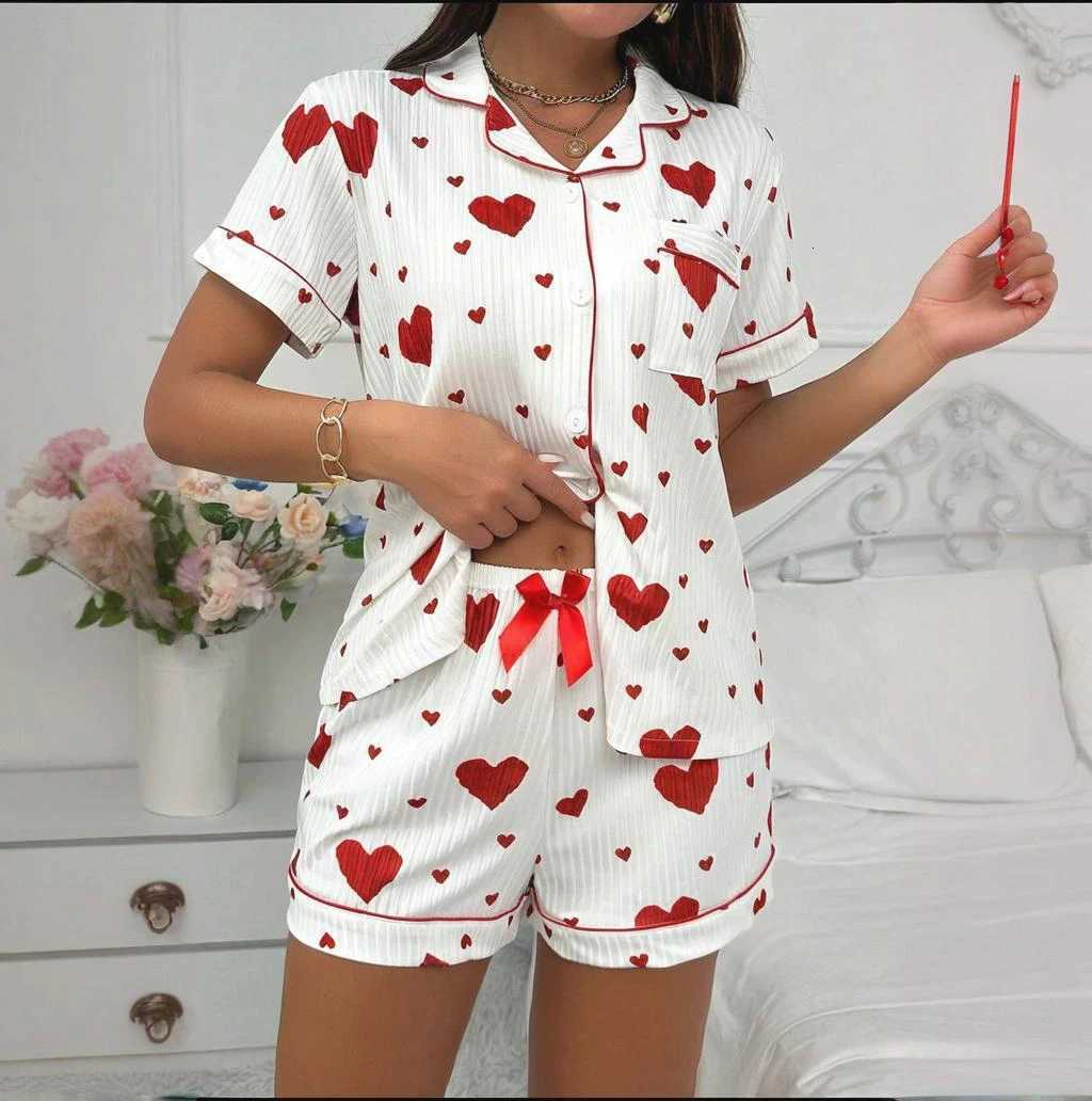 Heart Print Pajama Set Casual Short Sleeve Buttons Lapel Top Elastic Shorts Womens Sleepwear breathable soft Nightwear HomeweT251014