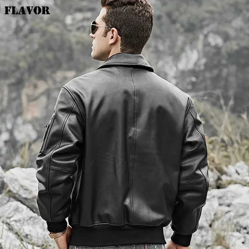 FLAVOR Mens Real Leather Jacket Bomber Lambskin Winter Warm Air Force Leather Coat J251014