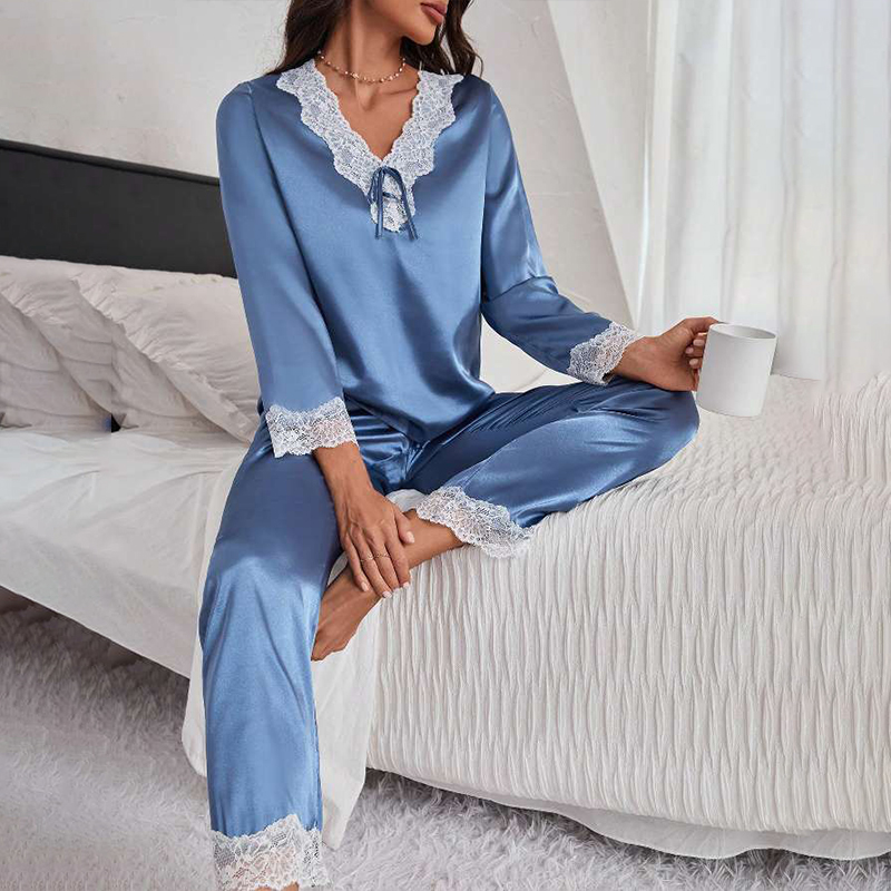 Women's Spring/Fall Silk Satin Lace Trim Tie-Waist Long-Sleeve Pajama Set